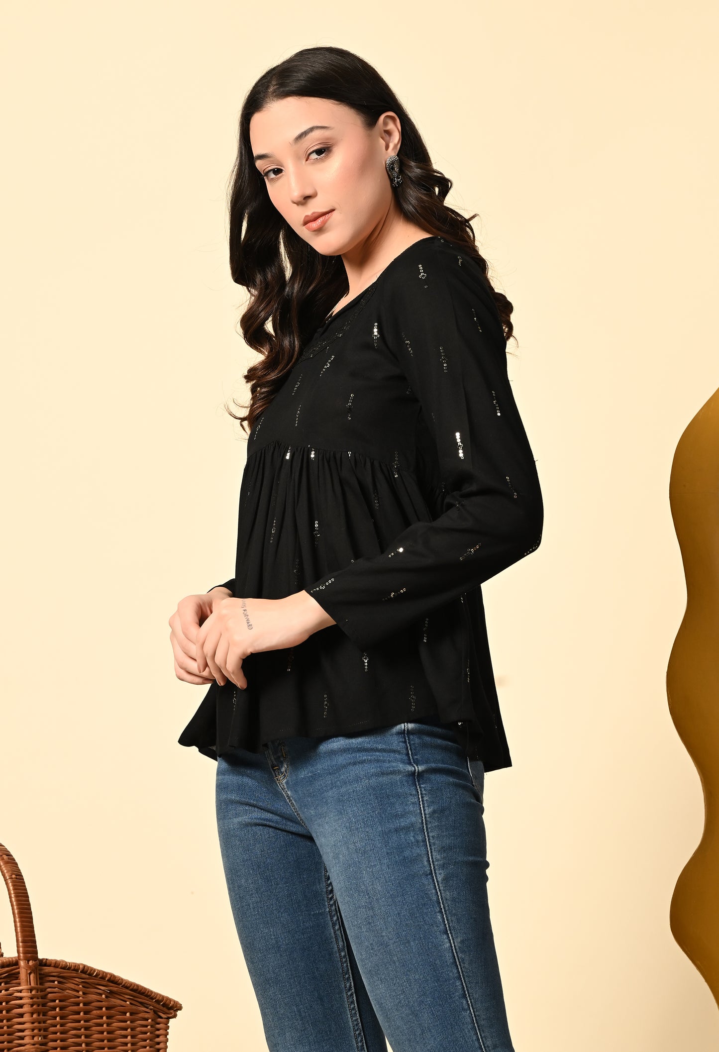 Black Embellished Peplum Top with Square Neck