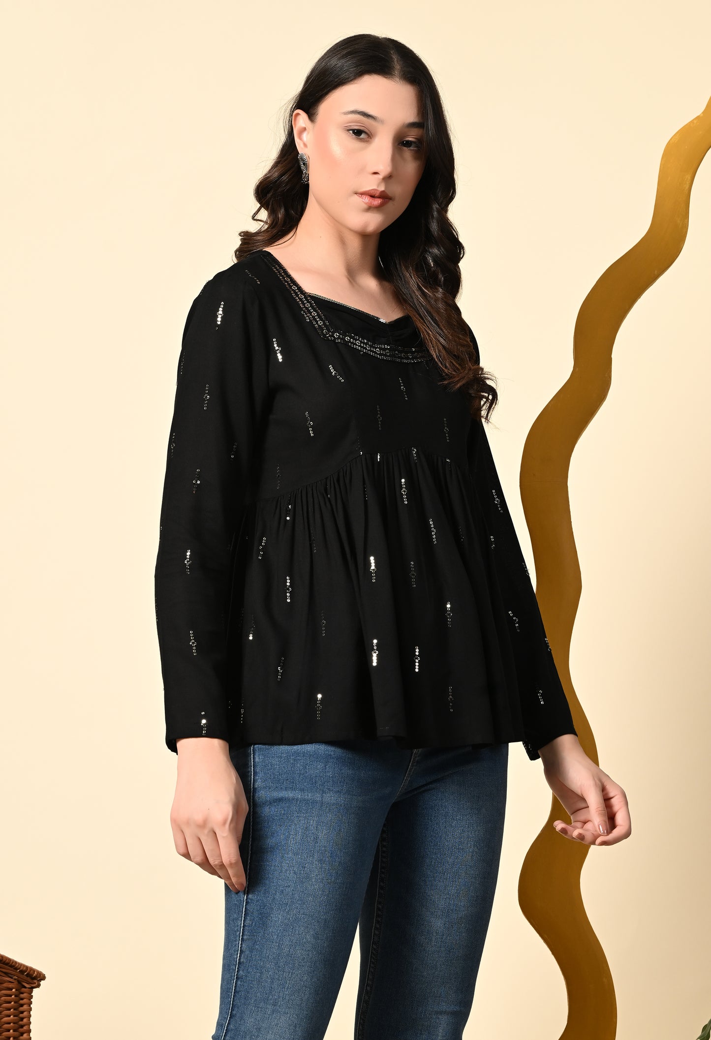 Black Embellished Peplum Top with Square Neck
