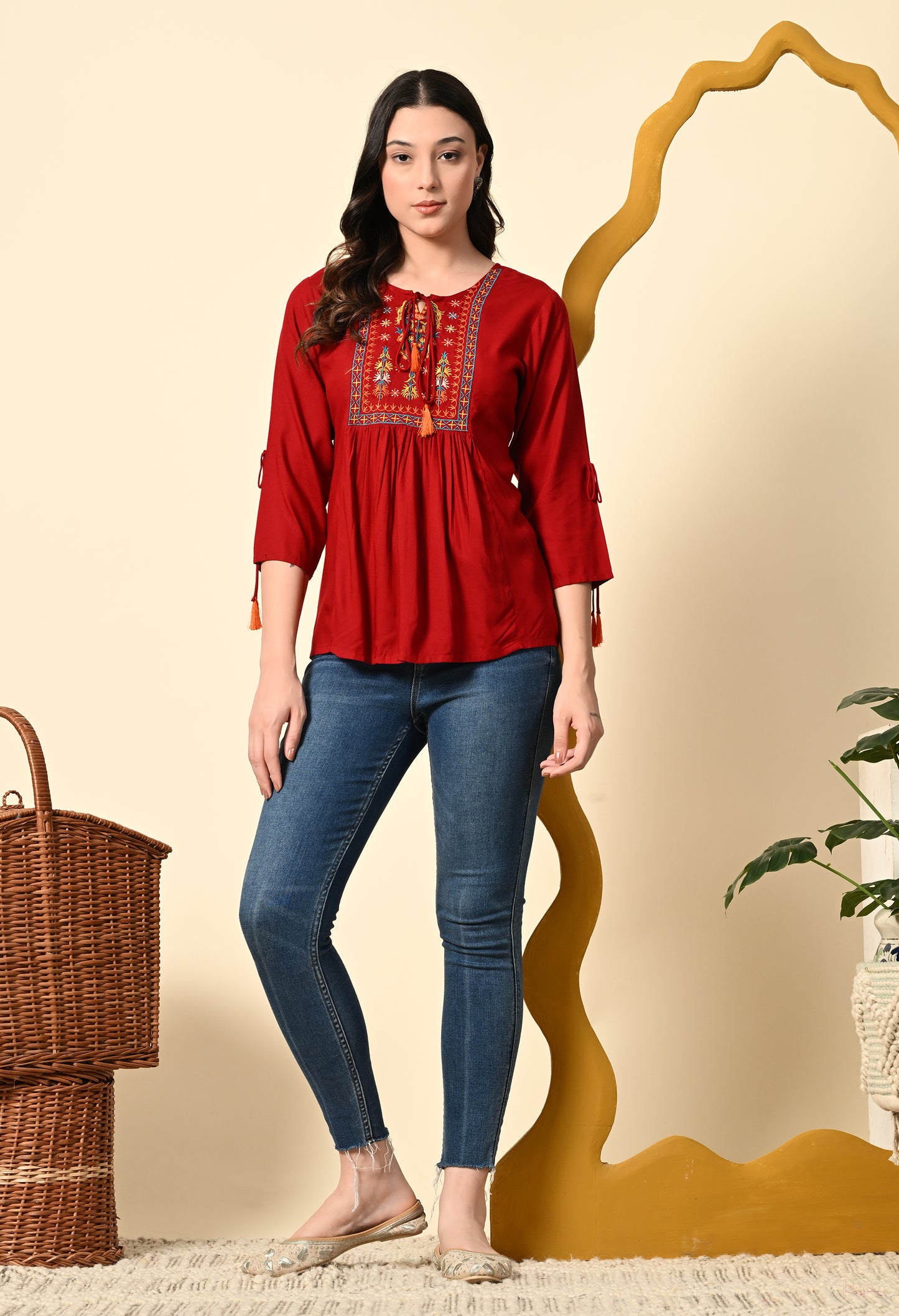 Boho Maroon Rayon Embroidered Peplum Top with Tassel Tie-Up