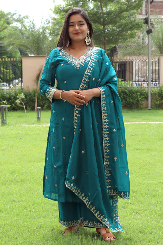 Teal Elegance Embroidered Suit Set – Kurta, Pant & Dupatta