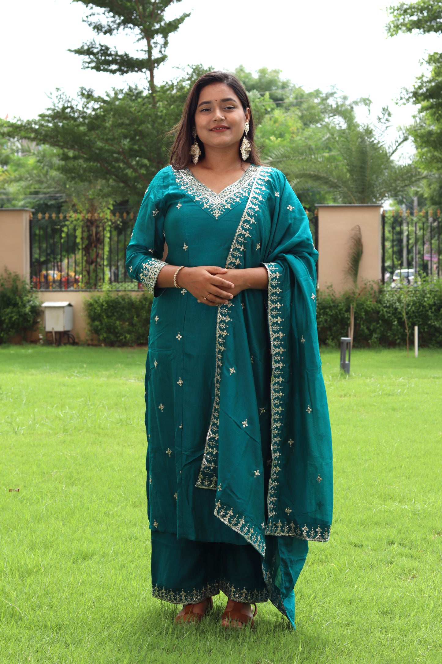 Teal Elegance Embroidered Suit Set – Kurta, Pant & Dupatta