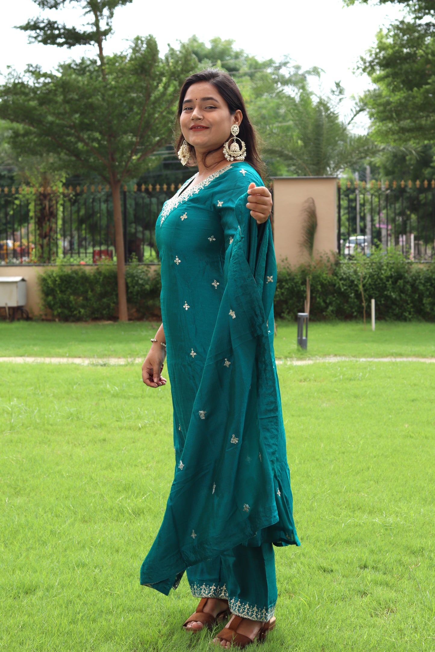 Teal Elegance Embroidered Suit Set – Kurta, Pant & Dupatta