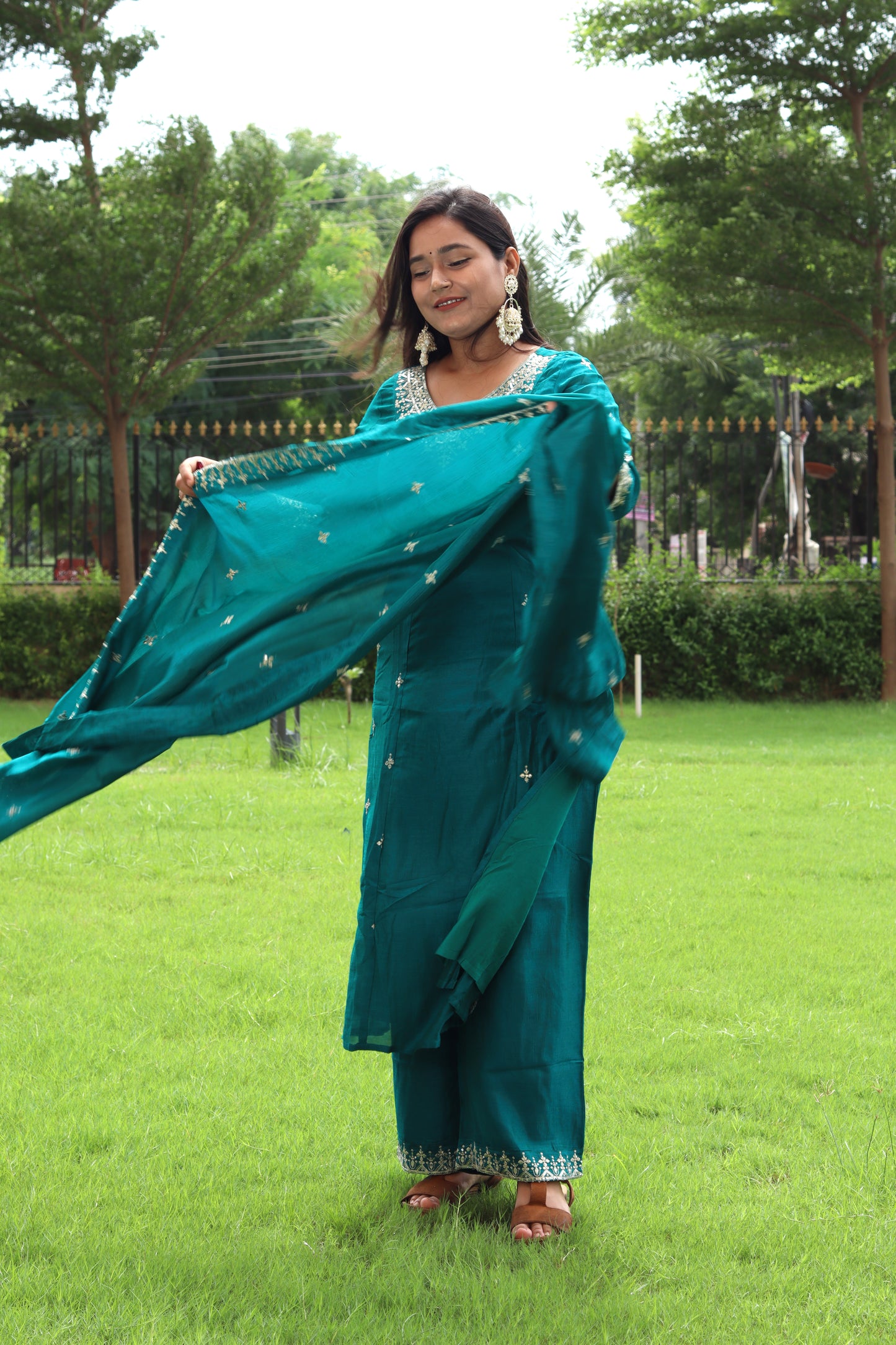 Teal Elegance Embroidered Suit Set – Kurta, Pant & Dupatta