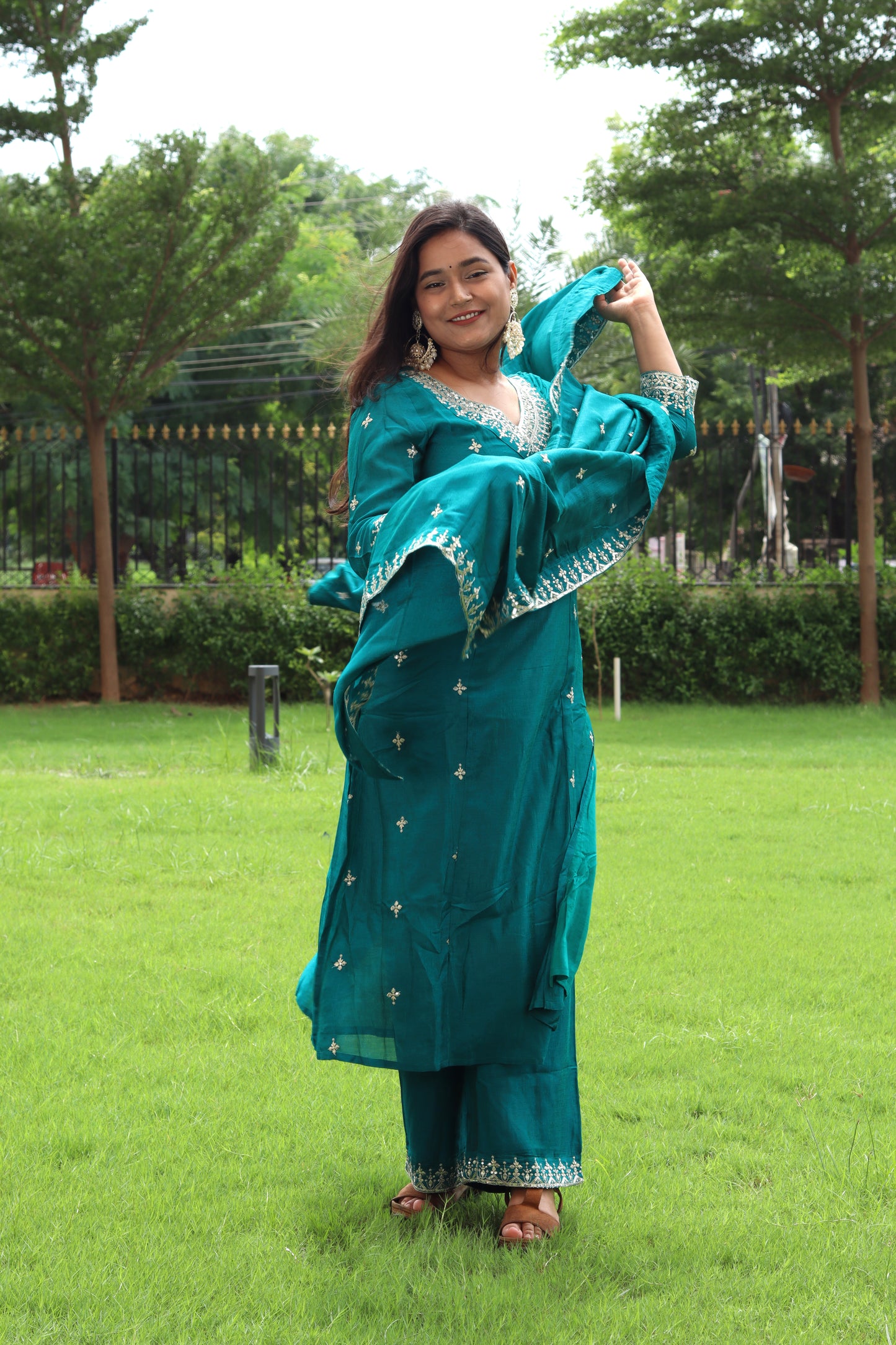 Teal Elegance Embroidered Suit Set – Kurta, Pant & Dupatta