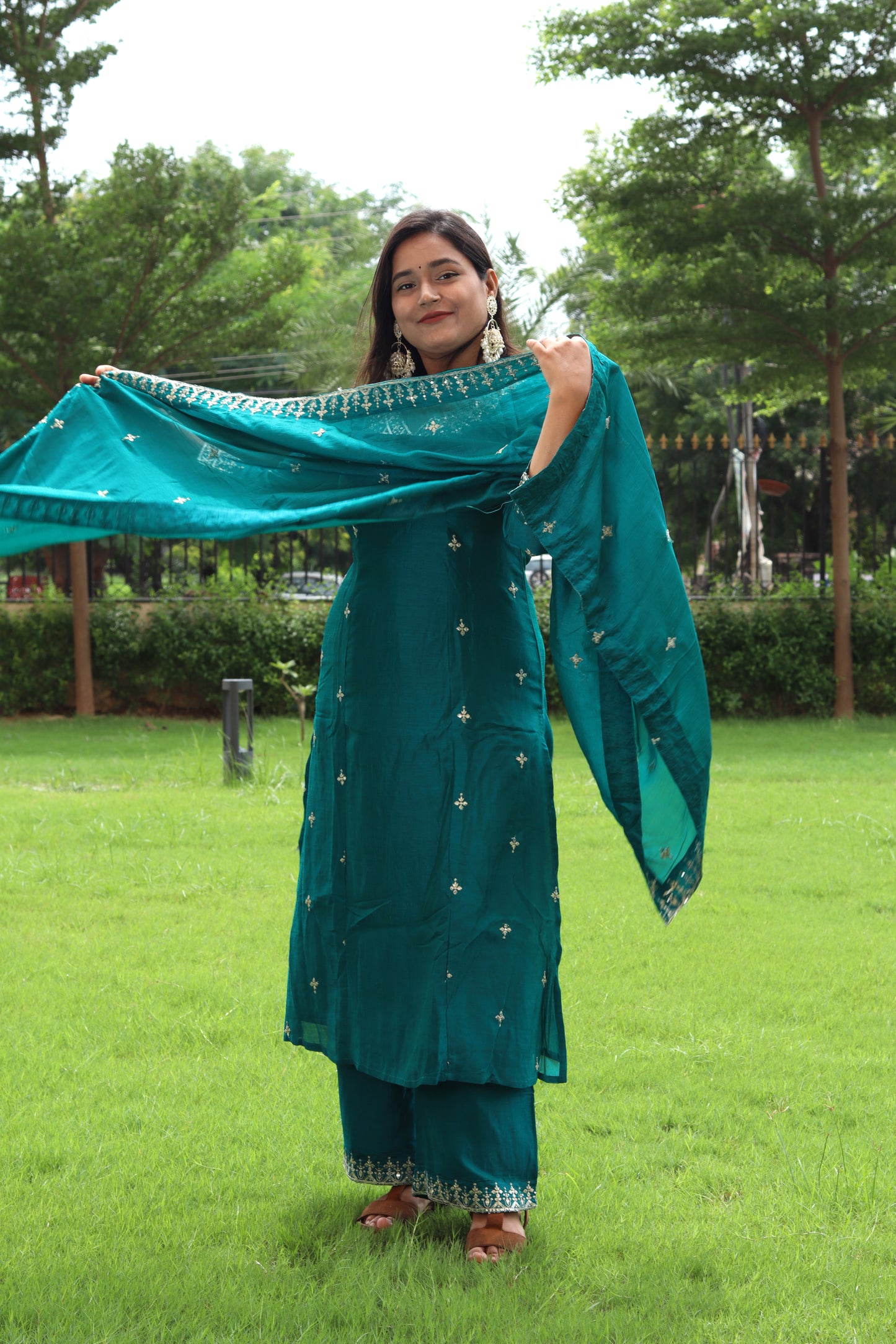 Teal Elegance Embroidered Suit Set – Kurta, Pant & Dupatta