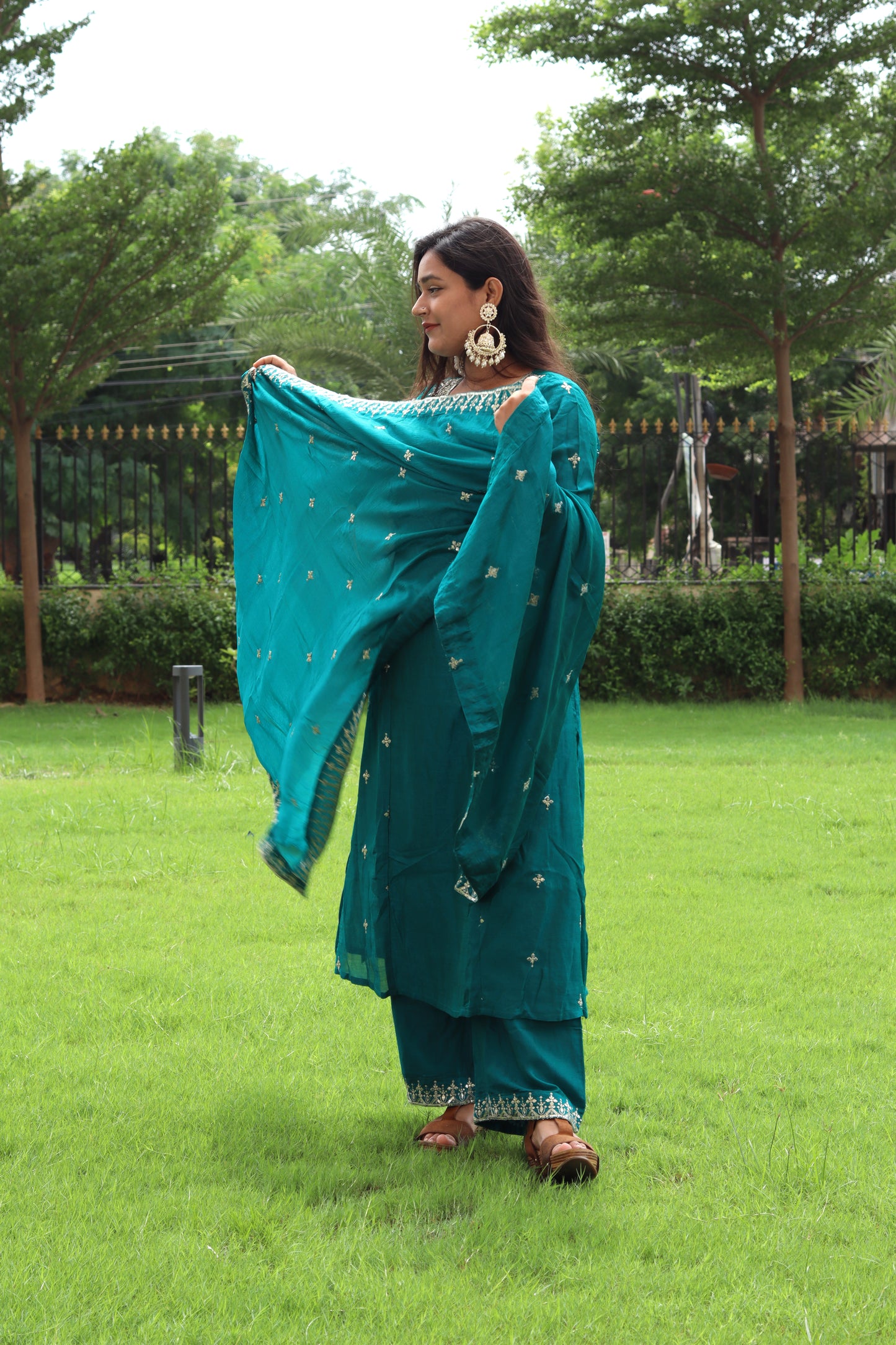 Teal Elegance Embroidered Suit Set – Kurta, Pant & Dupatta