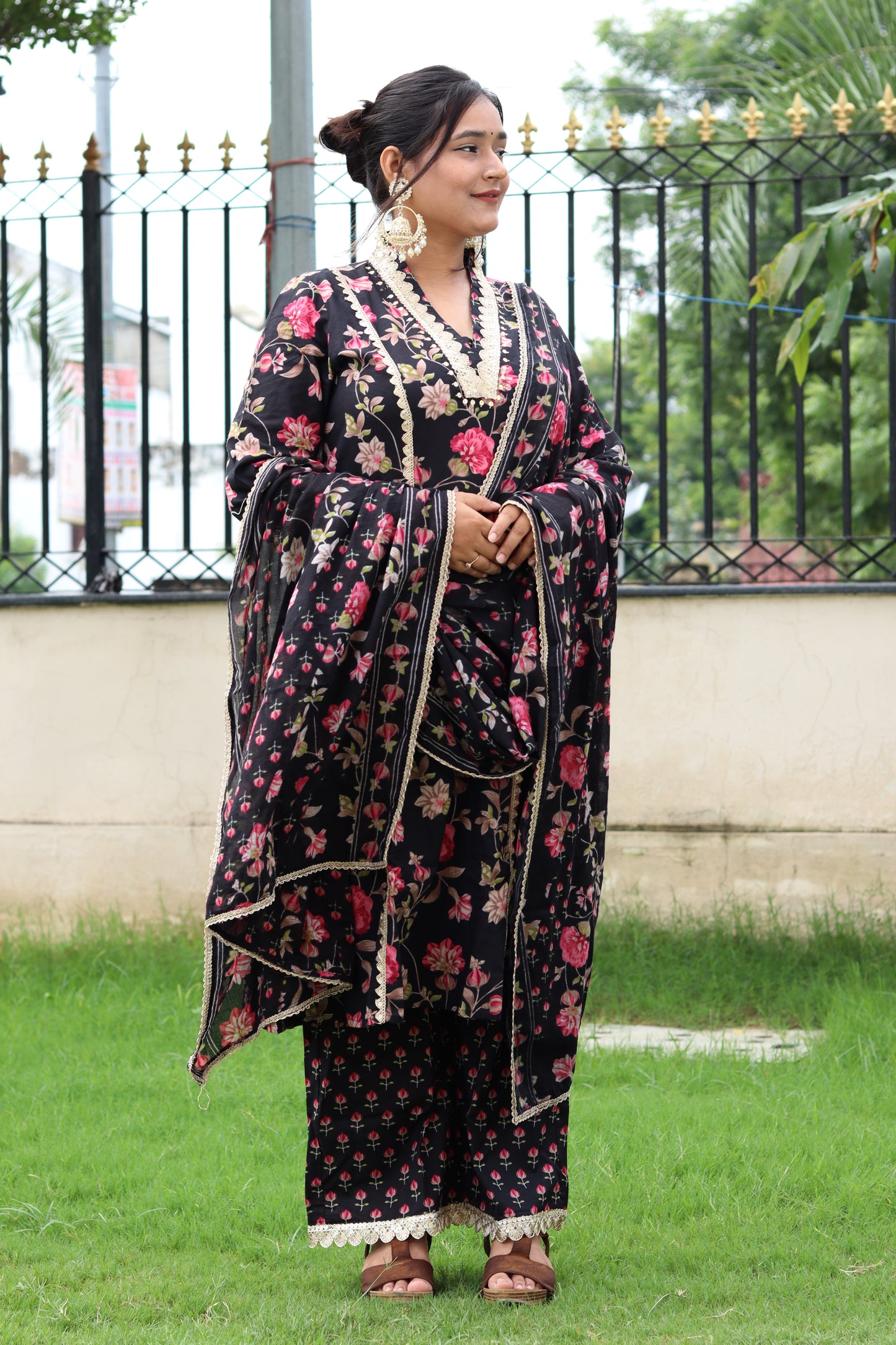 Black Floral Cotton Kurta Pant Dupatta Set – Elegant Ethnic Charm