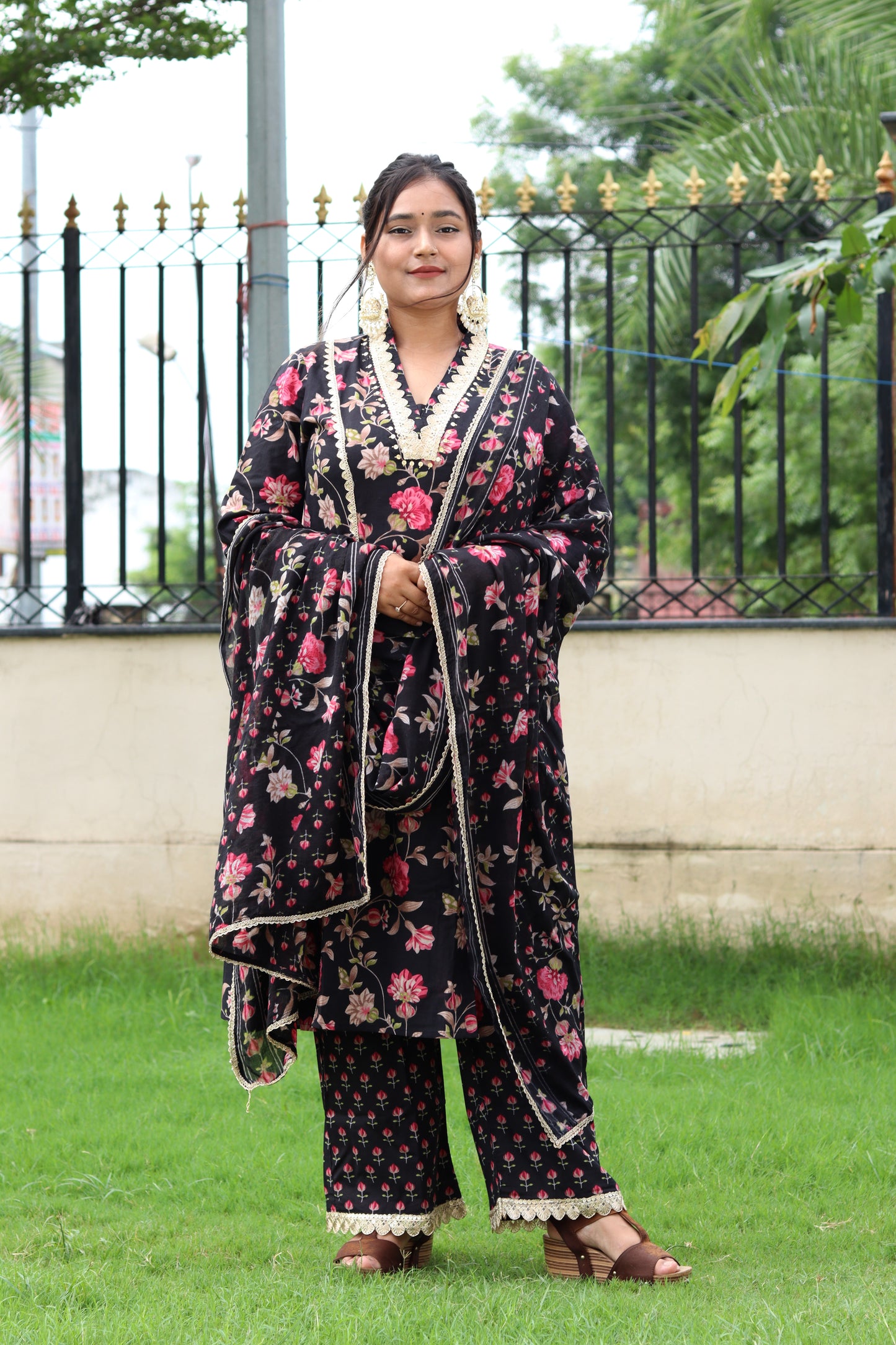 Black Floral Cotton Kurta Pant Dupatta Set – Elegant Ethnic Charm
