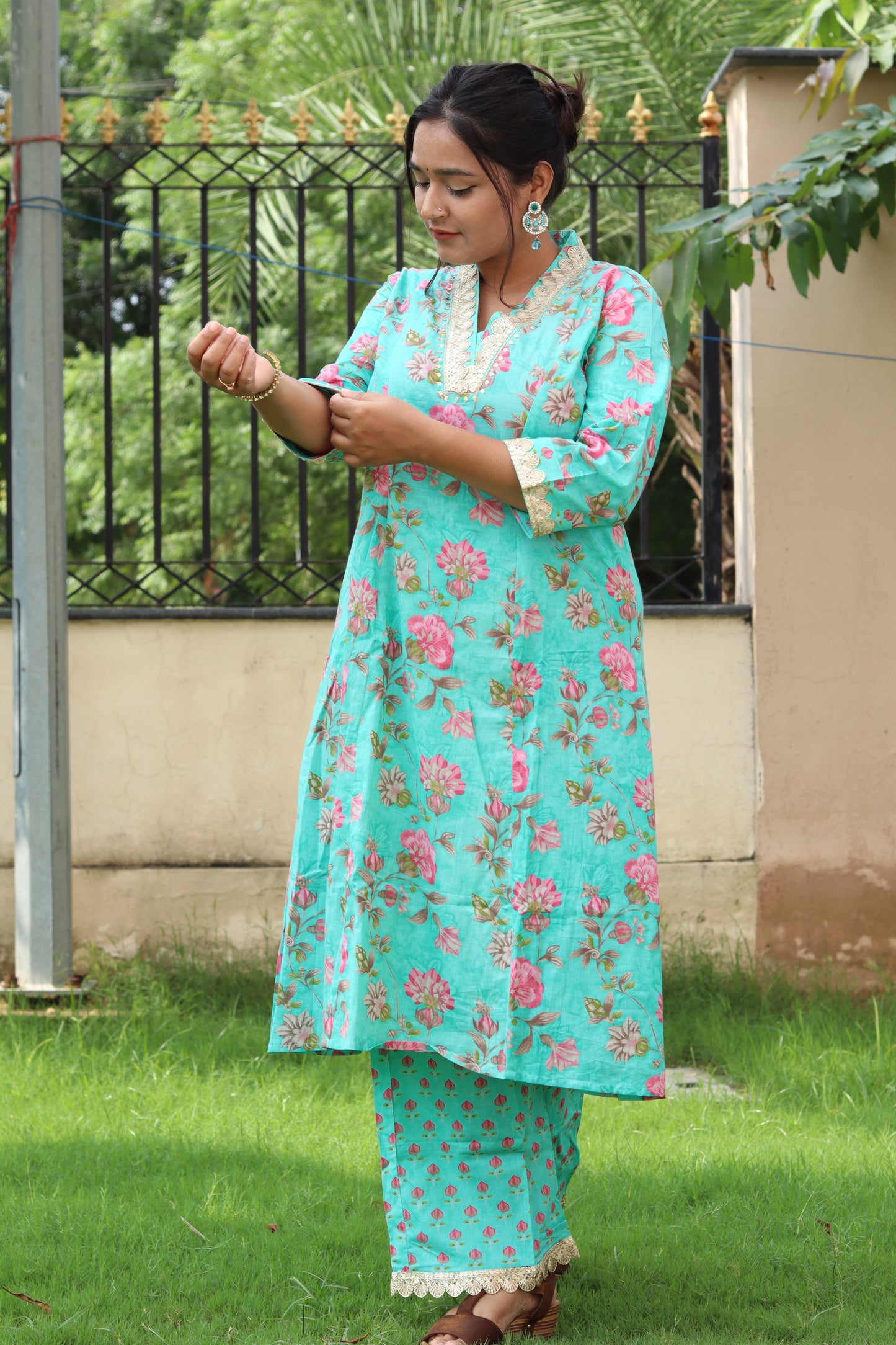 Aqua Floral Cotton Kurta Set – Ethnic Elegance for Everyday Wear