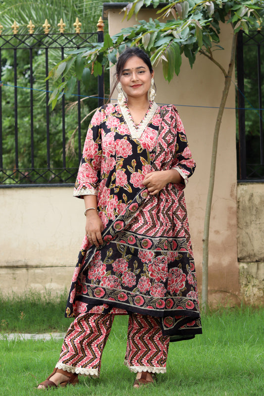 Floral Bliss Cotton Suit Set – Black & Pink