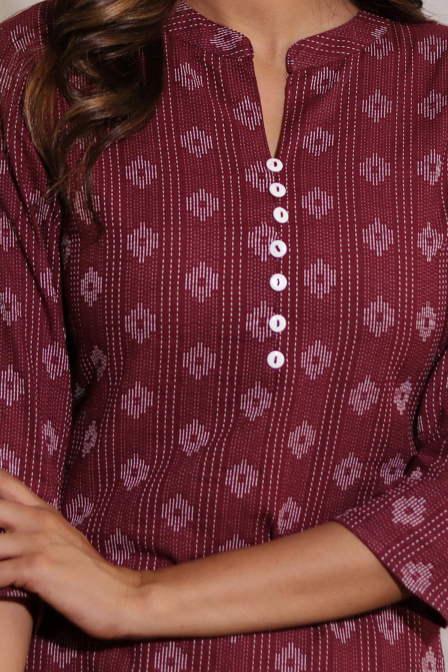Indigo Blue katha work Cotton Kurti with chinese colar