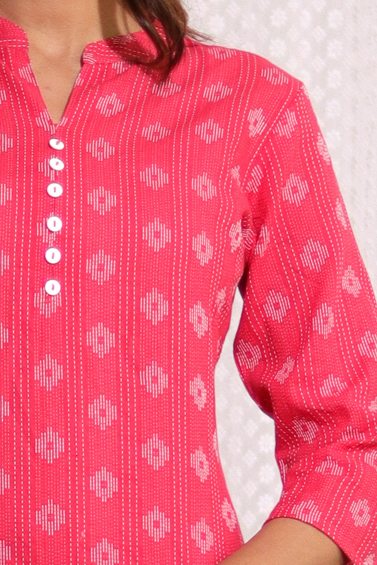 Indigo Blue katha work Cotton Kurti with chinese colar