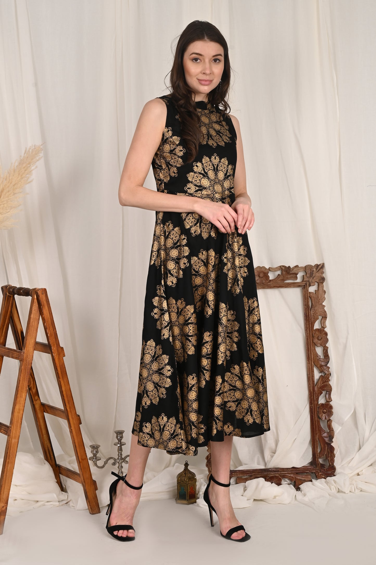 Elegant Black & Gold Mandala Print Sleeveless Midi Dress